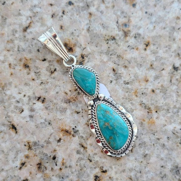 Two Stone Pendant Kingman Turquoise Sam Yellowhair Navajo Artist